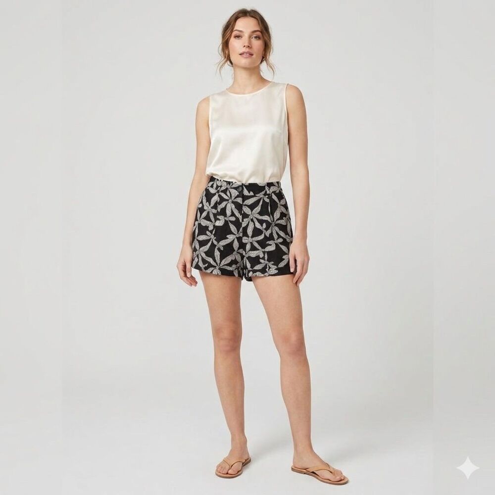 LOFT Linen Leaf Print Shorts Black White High Waist Summer Minimalist Boho S 10